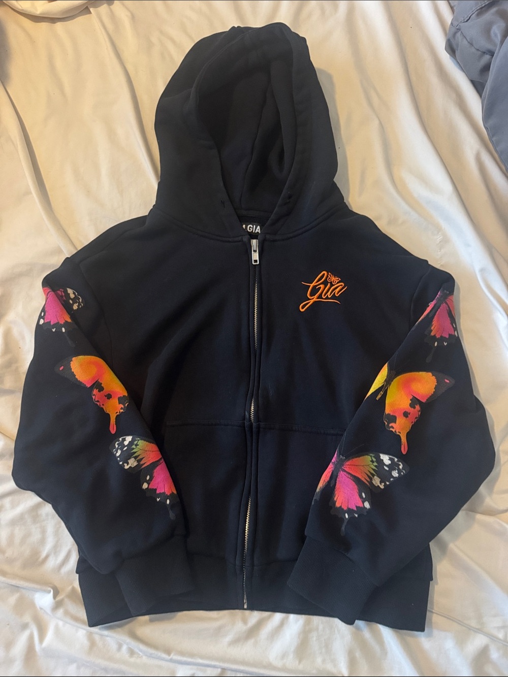 I.AM.GIA Black Zip Hoodie with Multicolor Butterfly Sleeves